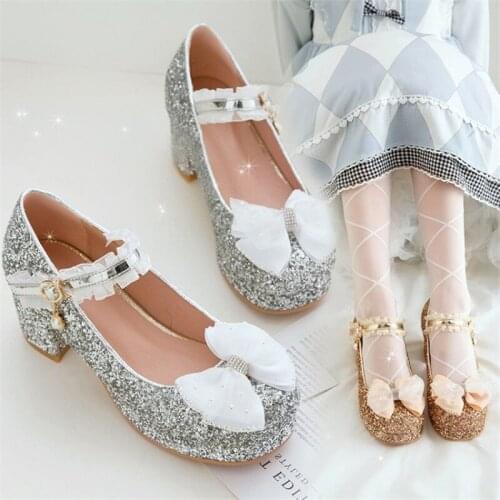 PXELENA Large Size 34-47 JK Princess Dress Show Collegiate Party Lolita Shoes Women Sequined Bling Bow tie Pumps Gold Silver LO