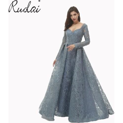 Luxury Evening Dresses Long 2019 robe de soiree Beads Long Sleeve Formal Prom Dress Dubai Party Gown abiye gece elbisesi