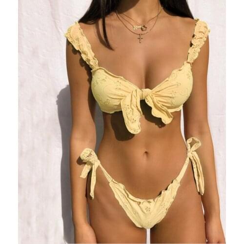 Sexy Women Bikini Sets Solid Color Ruffled Swimwear Bathing Suits 2 Piece Split Push Up Bandage Beachwear Mujer Thongathing suit