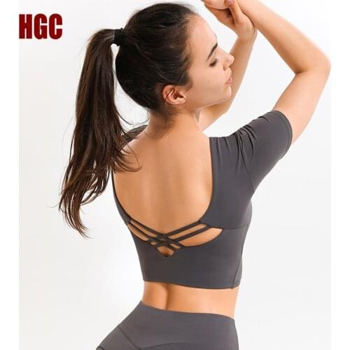 Sports Top Open Back Short Sleeve Shirts Gym T-shirt Push-up Cross Slim Stretch Fitness Active Athletic Active Yoga Blouse HGC