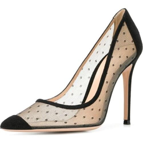 MKKHOU fashion single shoe for women 2020 summer new pointy sexy mesh wave dot 12cm high heel high shoes sizes 34-45