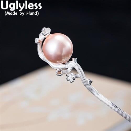 Uglyless Natural Pink Pearls Hair Jewelry for Women Ethnic Little Flowers Hair Sticks 925 Silver Elegant Hair Accessories Retro