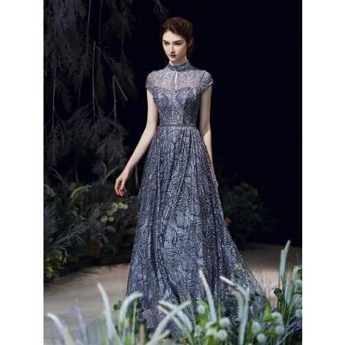 Shiny Blue Gray Evening Dress Cap Sleeve Bling Sequined 2021 Arabic High Neck A Line Floor Length Backless Prom Gown For Wedding