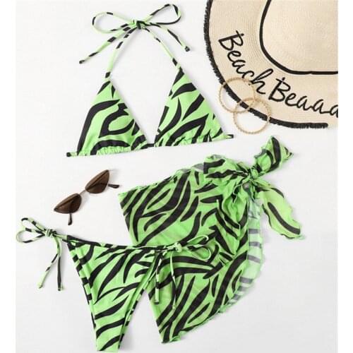Green Leopard 3 Piece Bikini Set Women with Mesh Sarong Swimwear String Triangle Bikinis 2021 Mujer Thong Swimsuit Bathing Suit