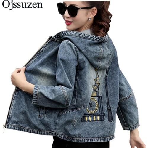 Hooded Denim Coat Ladies Plus Size 3XL Fashion Embroidery Womens Jacket Denim Outwear Casual Spring Jeans Jacket Autumn Women