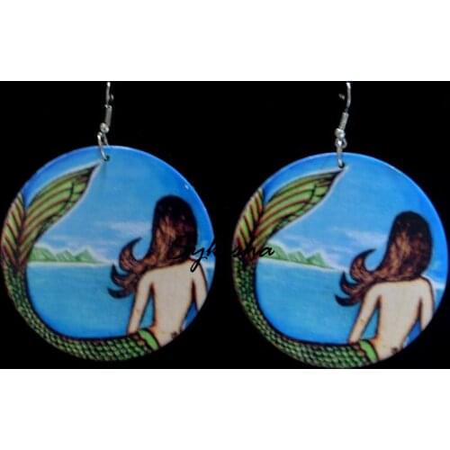 Wood Printing Earrings Mermaid Pattern Earrings For Women