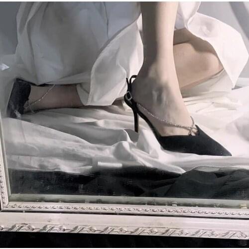 2021 fashion women pumps shoes thin heels 7cm elegant summer sandals office lady shoes buckle metal chain beauty woman pumps