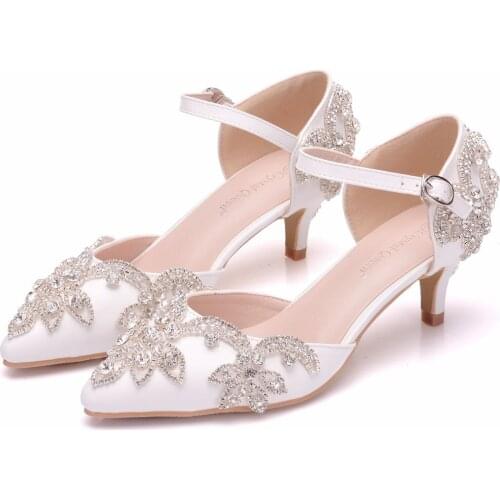 Crystal Queen 5CM Heel Women Shoes Dress Heels White Matte Rhinestone Crystal Wedding Mary Janes High heels Princess Pointed Toe