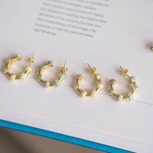 2021 New Gold Color Geometric Vintage Bamboo Cz Earrings For Women Round Rainbow CZ Circle Hoop Earrings Dainty Fashion Jewelry