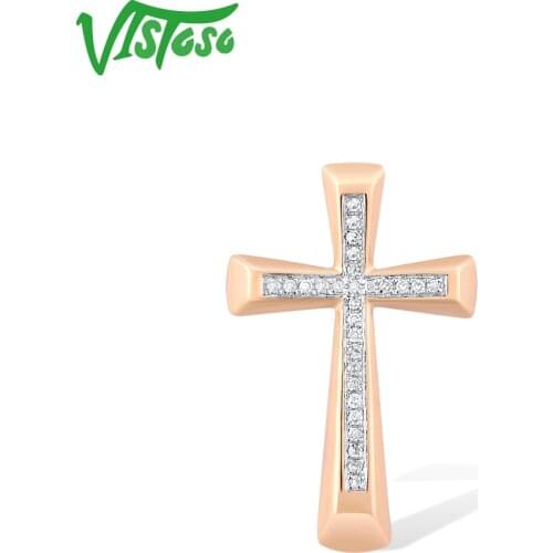 VISTOSO Pure 14K 585 Rose Gold Pendant For Women Sparkling Diamond Cross Pendant Anniversary Classic Trendy Party Fine Jewelry