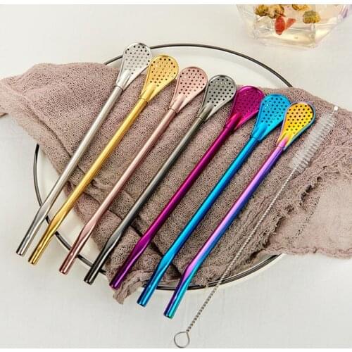 1PC Reusable Filter Steel Straw Spoon Creative Long Handle Stainless Steel Drinking Straw Filter Stir Spoon Tea Coffee Tableware