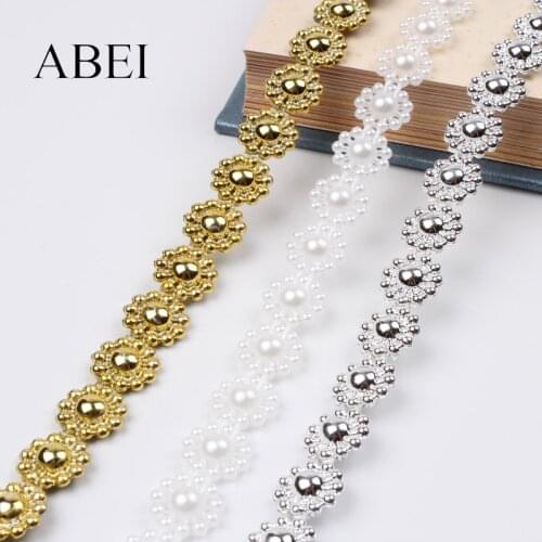 10mm 25Yards White Gold Silver LaceTape Round Flower Beaded Ribbon DIY Clothing Accessories Wedding Party Decoration Wholesale