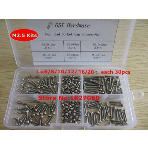 180pcs M2.5 Screw Kits DIN912 Allen Bolts Hex Socket Head Cap Screw Assortment Kit M2.5*6/8/10/12/16/20mm