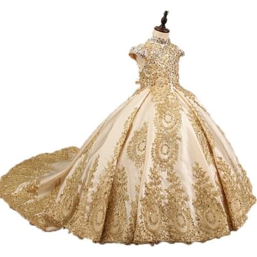 Golden Beads Flower Girl Dresses For Wedding Fashionable Pageant Gown Sleeveless lace Appliques Holy Communion Dresses for girl