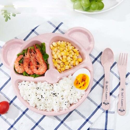 3pcs/set Baby Feeding Dishes Set Bowl Grid Plate Forks Kids Dinnerware Bamboo Fiber Food Container Children Tableware BPA Free
