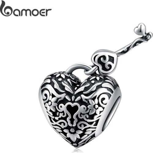 Bamoer Heart Lock and Key Charm for Original Bracelet 925 Sterling Silver Vintage Style Charm Women Jewelry Making SCC1447