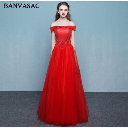 BANVASAC A Line Boat Neck Red Lace Appliques 2018 Long Evening Dresses Party Beading Short Sleeve Backless Prom Gowns