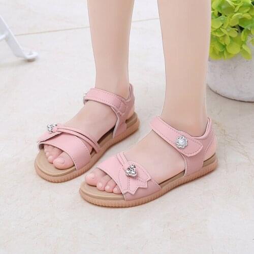 Girl Dress Summer Shoes White Leather Sandals Elegant Beach Shoes Child Fashion Beads Flower Princess Sport Sandal For Kids 3-12