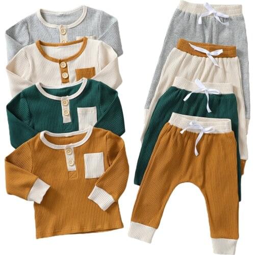 2Pcs Children Tracksuit Splicing Color Long Sleeves Pullover + Elastic Waist Pants for Girls, Boys 6 Months to 4 Years