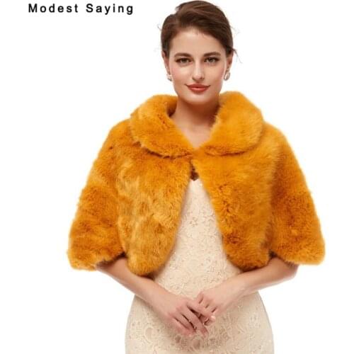 Elegant Deep Yellow Evening Party Faux Fur Shawls 2020 New Arrival Prom Lapel Collar Stoles Warm Shrugs Wedding Accessories