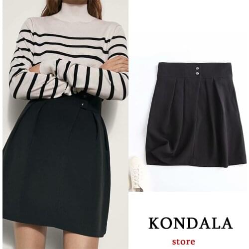 KONDALA Women Skirts Za Fashion 2021 A-Line Button Mini Skirts Chic Black High Waist Casual Mujer Skirts