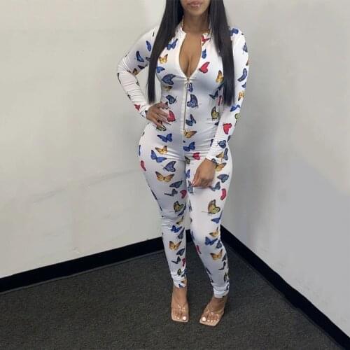 Cute Butterfly Long Sleeve Zipper Skinny Jumpsuit Women Spring Winter Clothes Y2k Bodysuit One Piece Overalls Loungewear