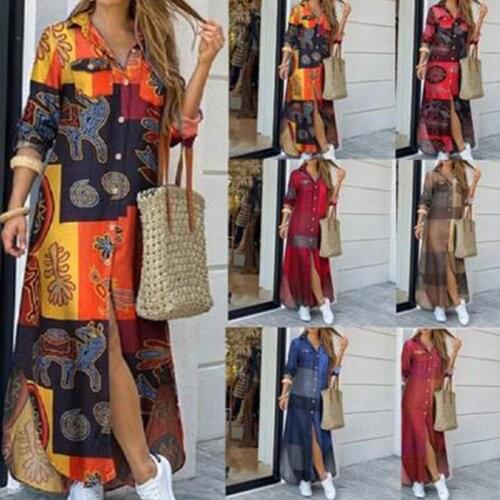 Plaid Print Long Shirt Dress Spring Women Long Sleeve Ankle-length Dresses Laides Turn-down Collar Office Dresses Loose Sundress