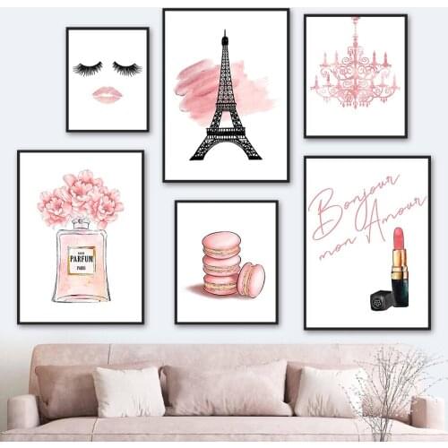 Pink Paris Tower Perfume Lipstick Flower Light Wall Art Canvas Painting Nordic Posters And Prints Wall Pictures Girl Room Decor