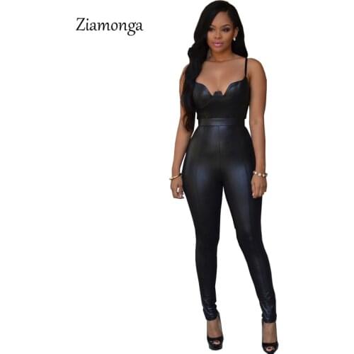 Sexy Deep V Neck Bodycon Jumpsuits Women 2021 Faux Leather Rompers Womens Jumpsuit Playsuits Black Long Pants Elegant Bodysuit
