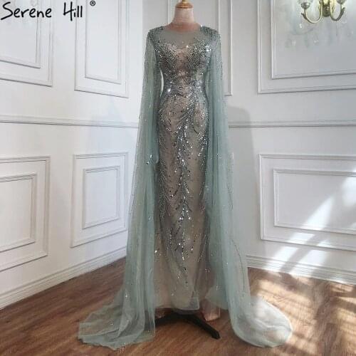 Serene Hill gold Mermaid Luxury Elegant Evening Dresses Gowns 2021 Beading With Caps Sleeves Sexy For Women Party LA70825