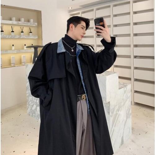 Mens trench coats man long coat men Denim collar fake two pieces clothes loose overcoat splice long sleeve 2020 new designer