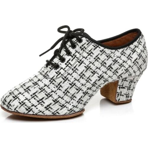 Latin Dance Shoes for Women Girls Dancing Closed Toe Middle Heel Modern Dance Waltz Social Dance Shoes White Black