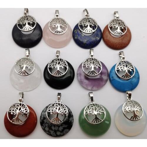 Green Aventurine Crystal Obsidian Opal Sandstone Lapis Red Rainbow Stone GEM Circle Tree of life Pendant Woman Jewelry S301-S313