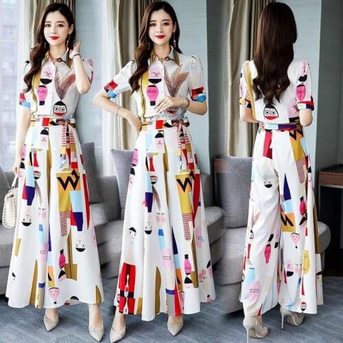 Plus Size Women Short Sleeve Shirt Pant Suits 2021 New Fashion Summer Chiffon Printed Dots Top Wide Leg Skirt Pants 2 Piece Sets