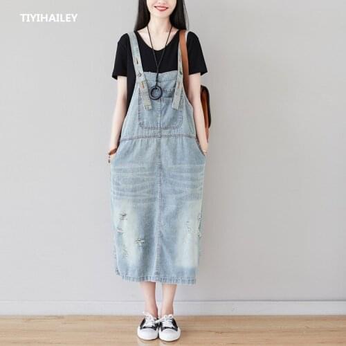 TIYIHAILEY Free Shipping 2020 Spaghetti Strap Denim Dresses Fashion Suspenders For Women Jeans Long Mid-calf Dress With holes