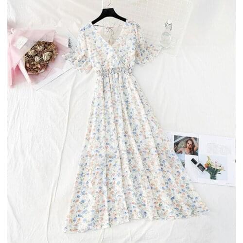Women Elegant Summer Dress Vintage Floral Printed Chiffon Dress 2021Bohemia Short Sleeve Long Dress High Waist Vestidos