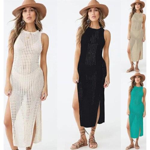 Women Sexy Knitted Dress One Shoulder Hollow Out Crochet Dresses Long Crocheted Beach Dress