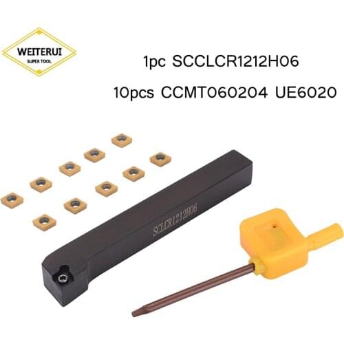 1pc SCLCR1212H06 Lathe Turning Tool Holder + 10pcs CCMT060204 UE6020 Carbide Inserts with T8 Wrench