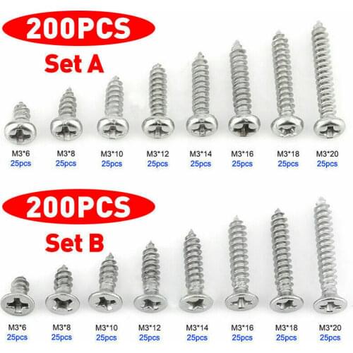 200 x M3 Stainless Steel Pan Flat Head Self-Tapping Wood Screws Assortment Kits