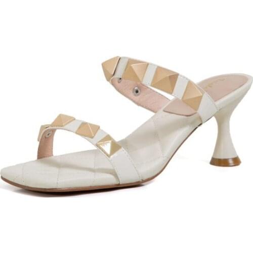 2021 women fashion rivet sandals patent leather square toe stiletto heels lady Summer Rivet Punk Slippers