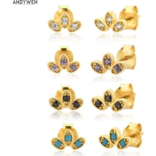 ANDYWEN 925 Sterling Silver Three Leafs Queen Stud Earring Ohrringe Piering Small Colorful Wedding Ovals Luxury Party Rock Punk