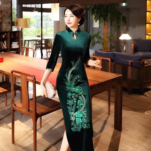 Sheng Coco Embroidered Peacock Velvet Cheongsam Qipao Dresses Long Sleeve Costume Women Long Chinese Qipao Dress Shanghai