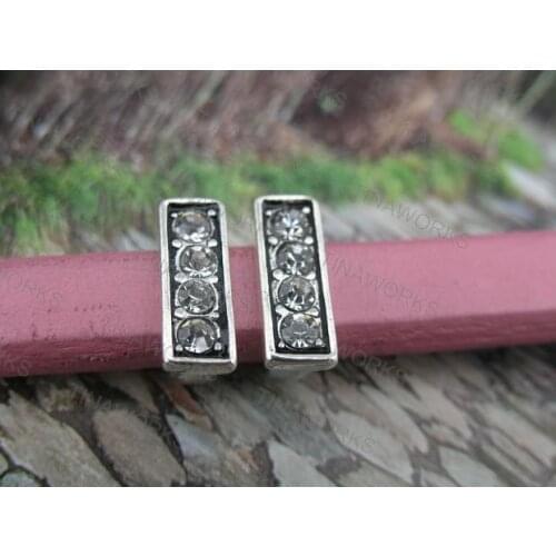 FREE SHIPPING 30pcs Antique Silver 10.4x6.3mm Slider Spacer W Crystal Beads For Licorice Leather--PAT176