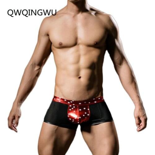 Men Boxers Mesh Men Stars Print Underwear Sexy Patent Leather Bag Fashion Jockstrap Panties Mesh Gay Satin Boxer Shorts