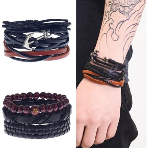 CHENFAN European and American style retro woven mans leather bracelet for man alloy anchor bracelets multilayer set wholesale