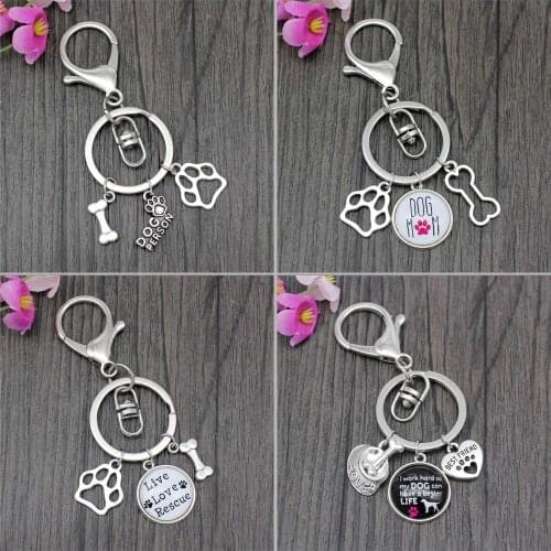 Cats Dogs Mom Paw Bone Keychains Live Love Rescue Best Friends Key Chain Lobster Clasp Key Ring Jewelry Keyring Christmas Gift