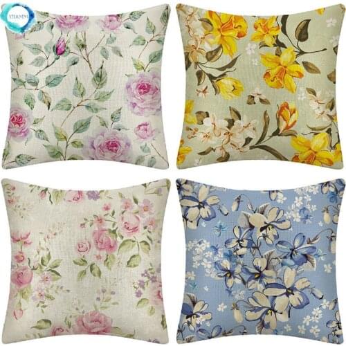 European Pastoral Style Rose Flower Pattern Pillowcase Decorative Cotton Linen Cushion Cover for Home Sofa Square Pillow Cover