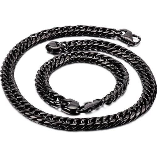 Huge Heavy gold/black mens jewelry set stainless steel double curb link chain necklace + bracelet set 12mm wide 24 inch+ 8.5 in