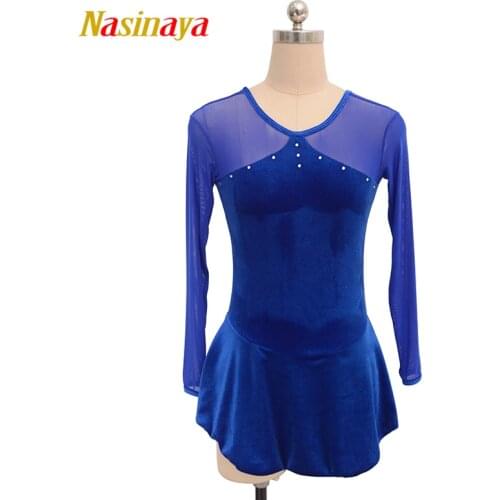 Figure Skating Costume Dress Ice Skating Skirt for Girl Women Kids Customized Competition Blue mesh Velvet 10 Colors