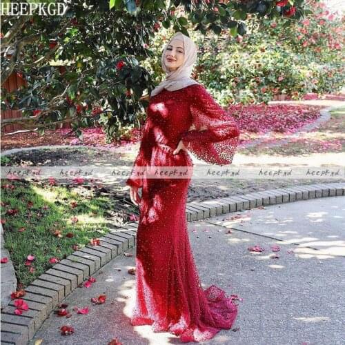Red Pearls Muslim Evening Dress Long Sleeve Mermaid Plus Size Middle East Women Wedding Party Dresses Luxury Dubai Prom Gowns